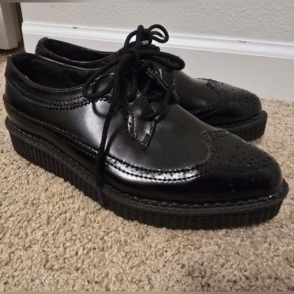 TUK Pointed Platform Black Leather Wingtip Creeper Size 7 Women - Picture 2 of 5